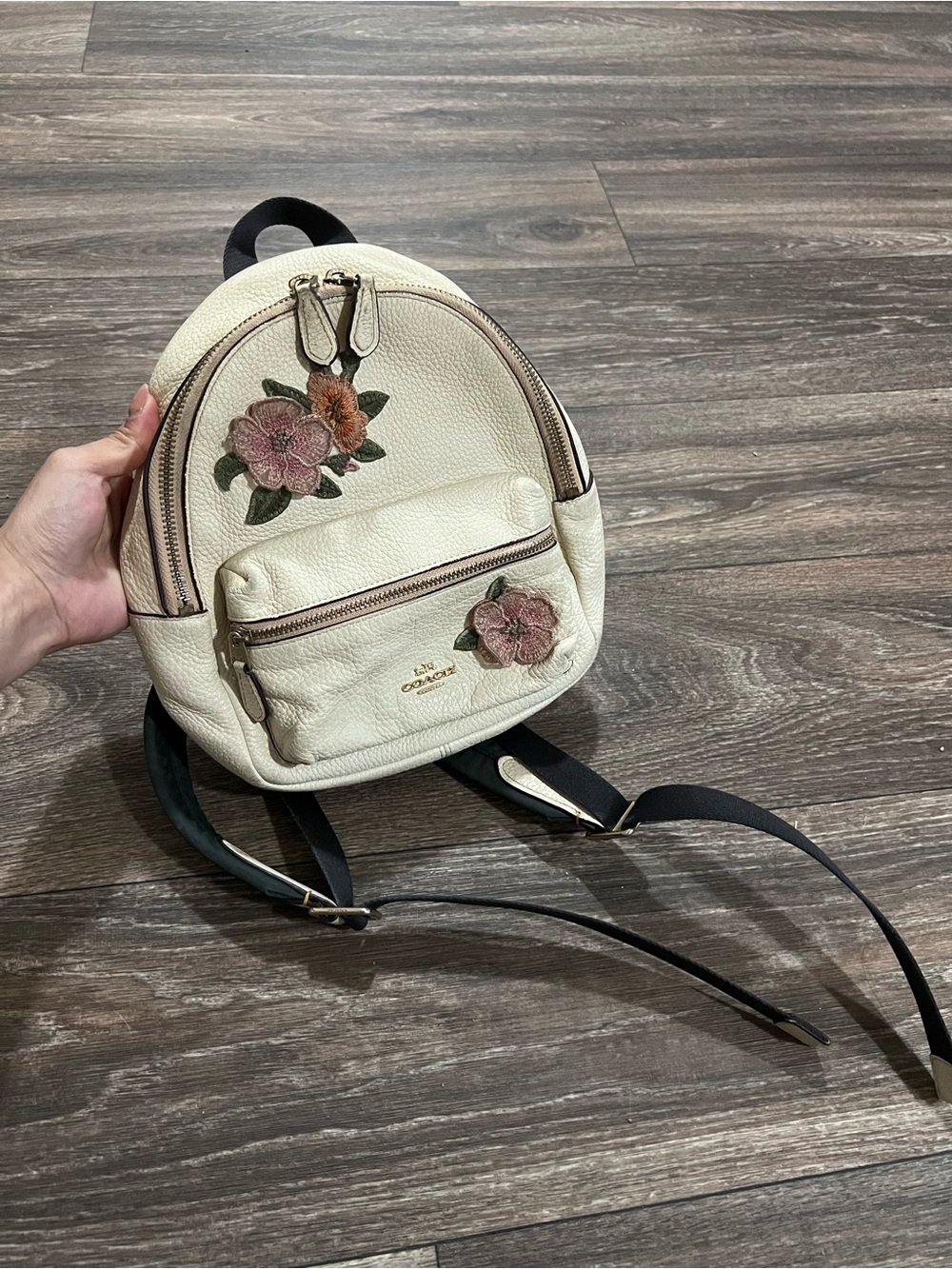 Coach Mini Charlie Cream Hawaiian Floral Embroidery Pebbled Leather Backpack